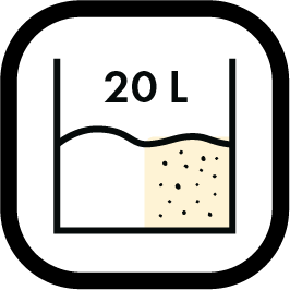 Icono capacidad 20L rellenable agua o arena.